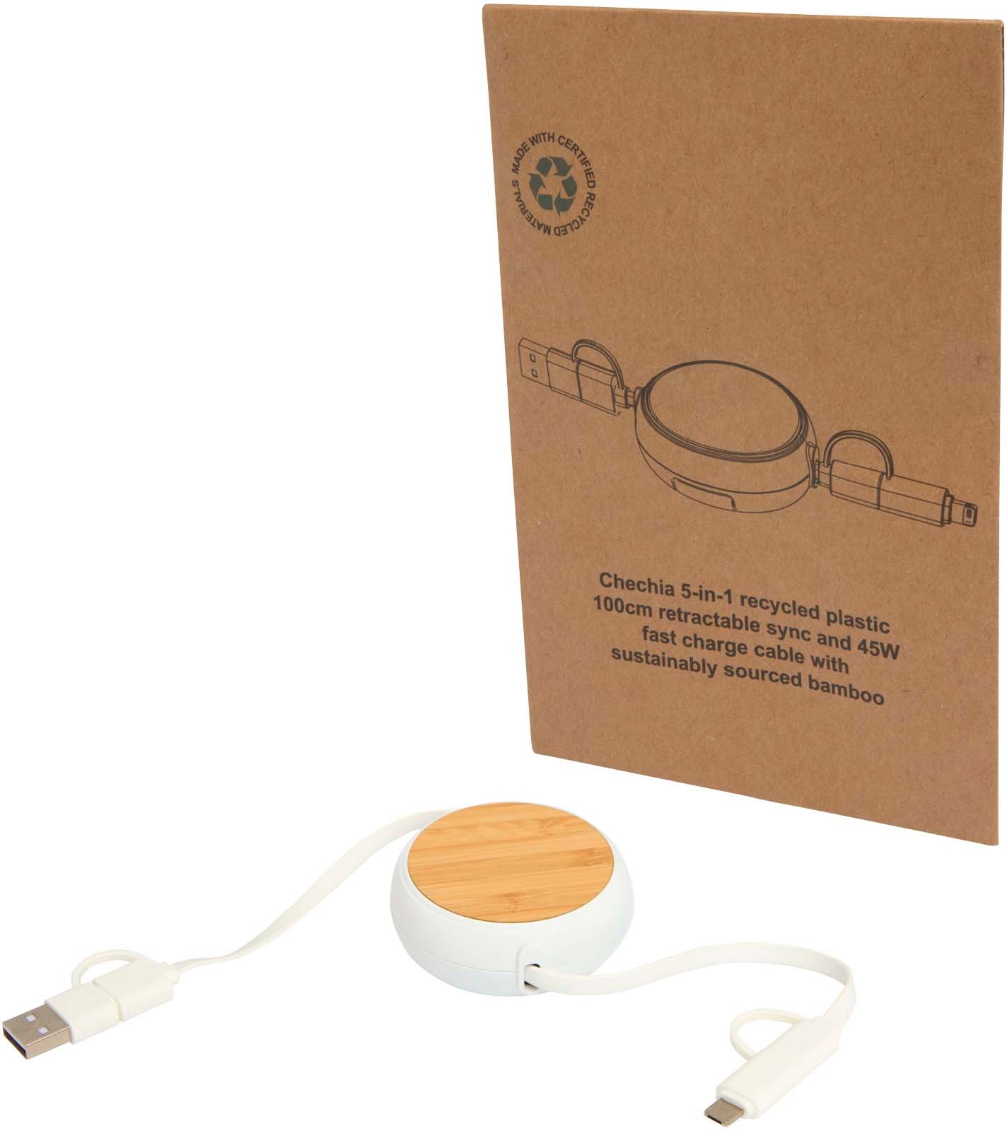 Hovedproduktbilde for Hvit Chechia 5-i-1 Resirkulert Plast og Bambus Uttrekkbar Ladekabel med 45W hurtiglading