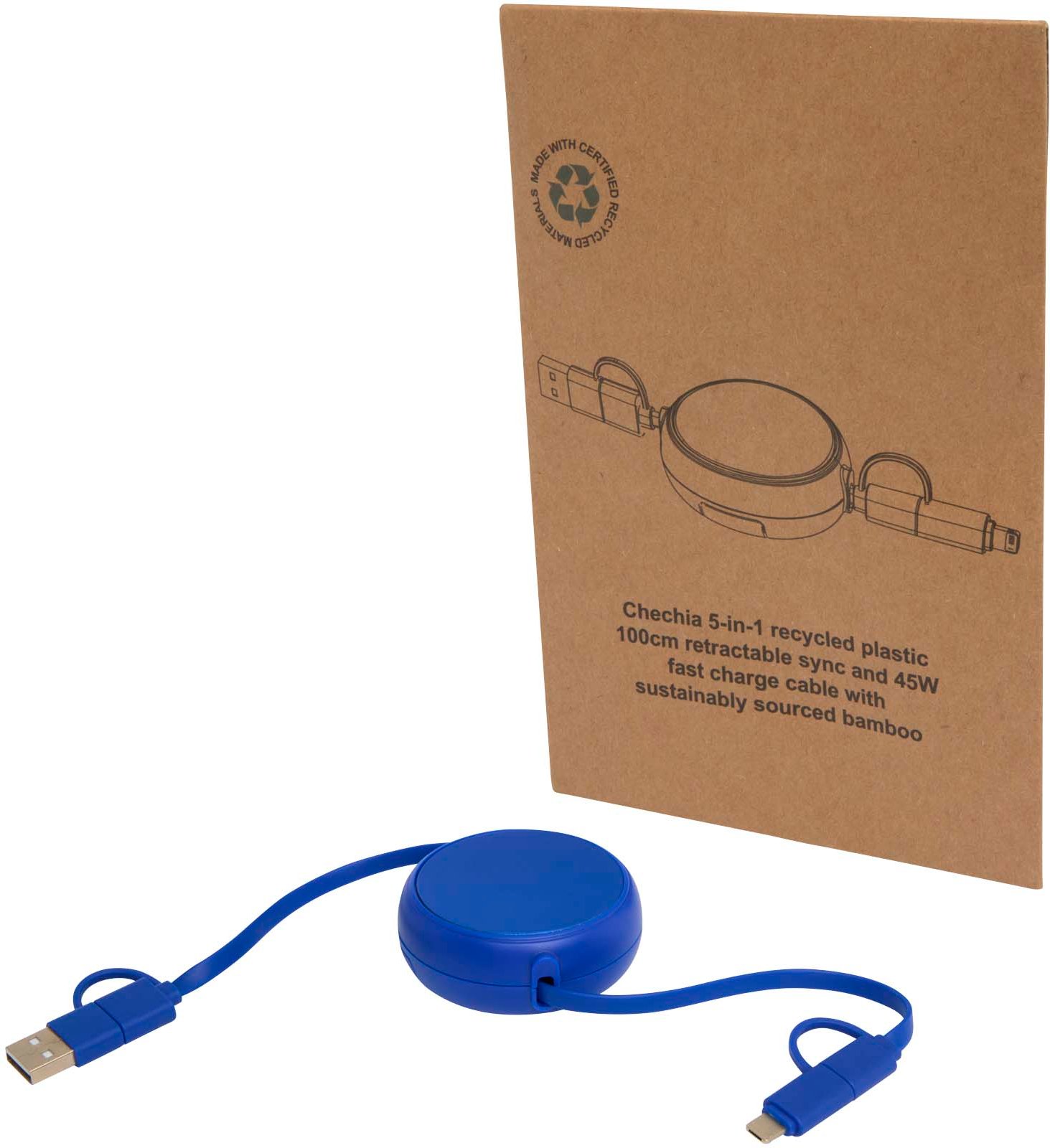 Hovedproduktbilde for Kongeblå Alasia 5-i-1 Resirkulert Plast og Aluminium Uttrekkbar Ladekabel med 45W hurtiglading