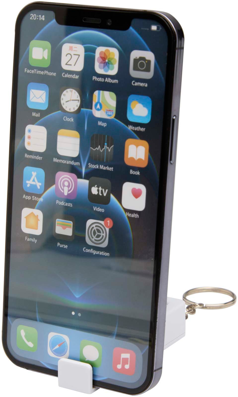 Hovedproduktbilde for Hvit Aggia Resirkulert Plast og Bambus Telefonstativ med Fidgetleke