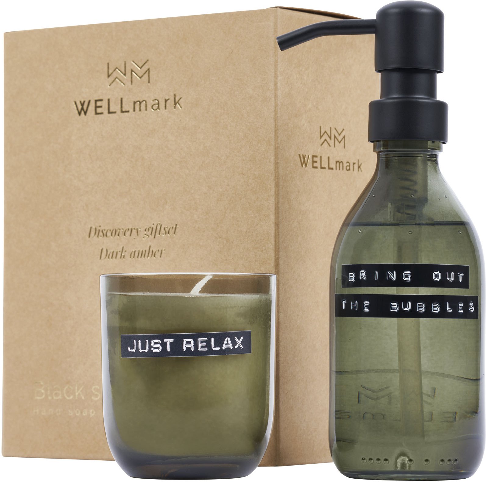 Hovedproduktbilde for Skogsgrønn WELLmark Discovery 200 ml Mørk Ravduft Håndsåpe og 150 g Duftlys