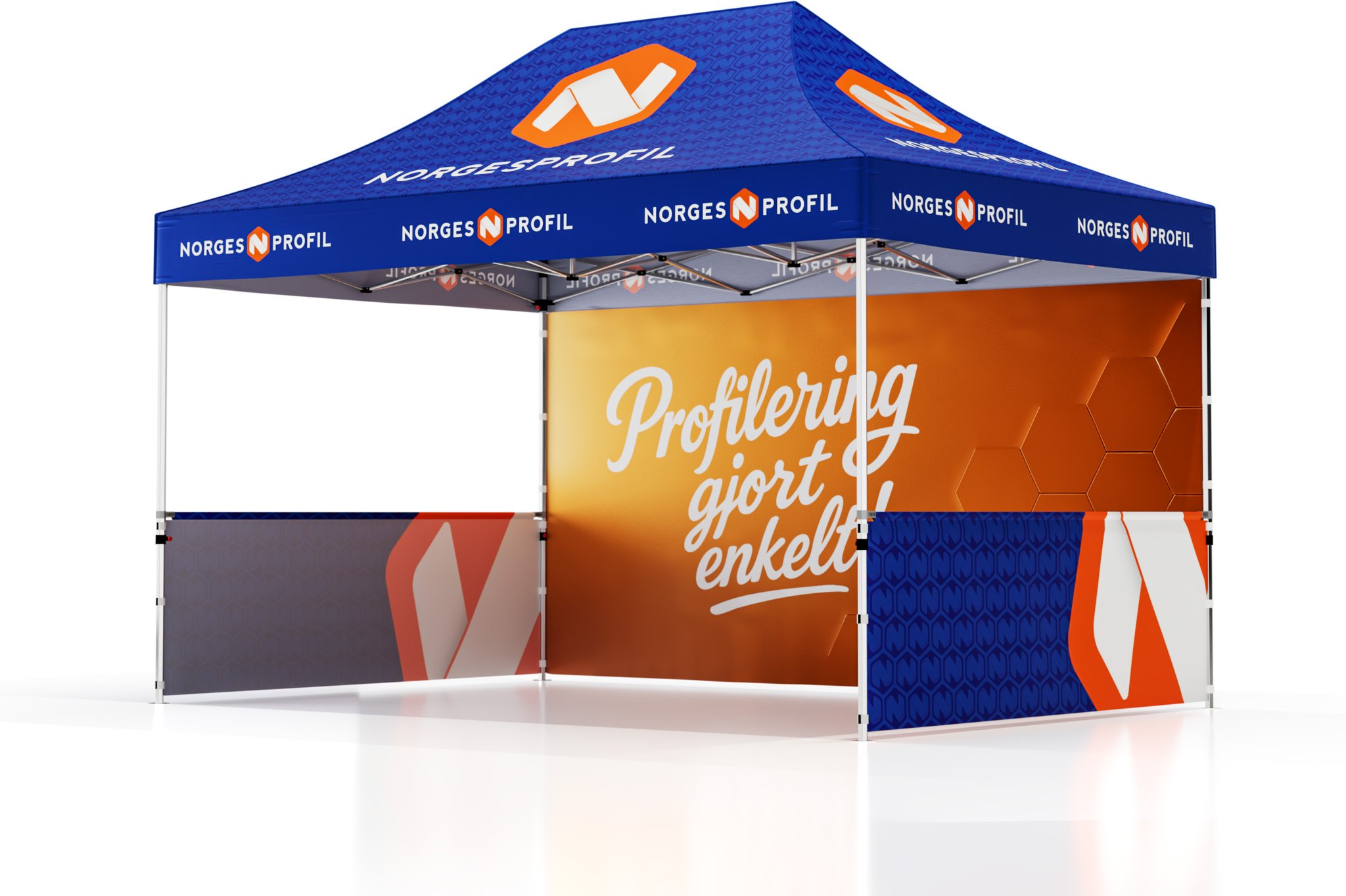 Hovedproduktbilde for Trykk på én side av veggene Telt Popup 4,5 x 3 meter inkl tak, bakvegg og to halvvegger