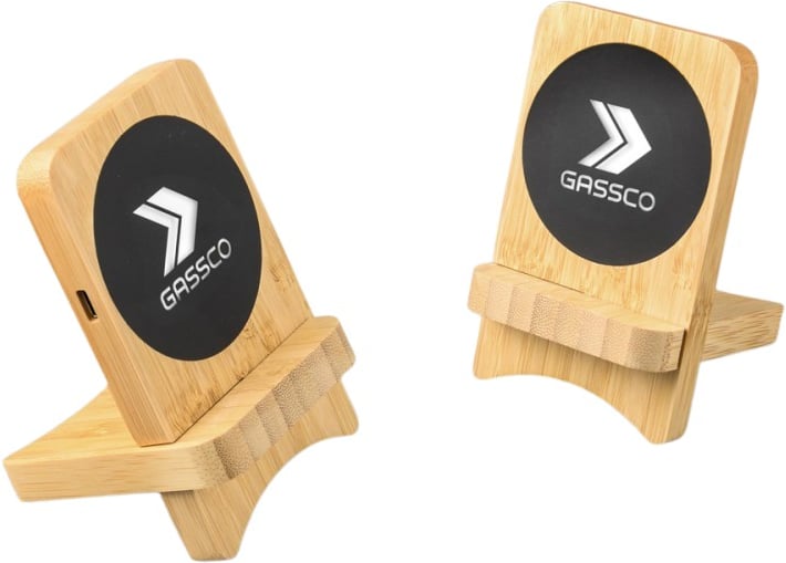 Hovedproduktbilde for 25-47-dra-3327 Wade Bambus 15W Trådløs Ladeplate med Opplyst Logo og Mobilstativ