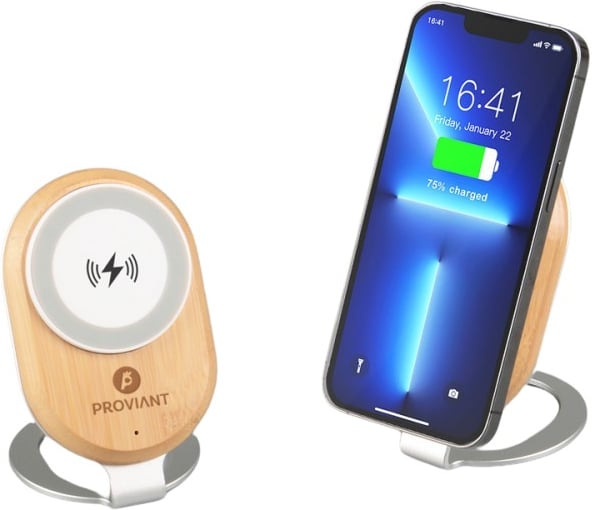 Hovedproduktbilde for 25-47-dra-3913 Zara Resirkulert Aluminium og Bambus Trådløs Ladeplate med Mobilstativ