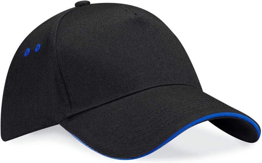 Hovedproduktbilde for Black/Bright Royal Beechfield Ultimate 5 Panel Cap- Sandwich