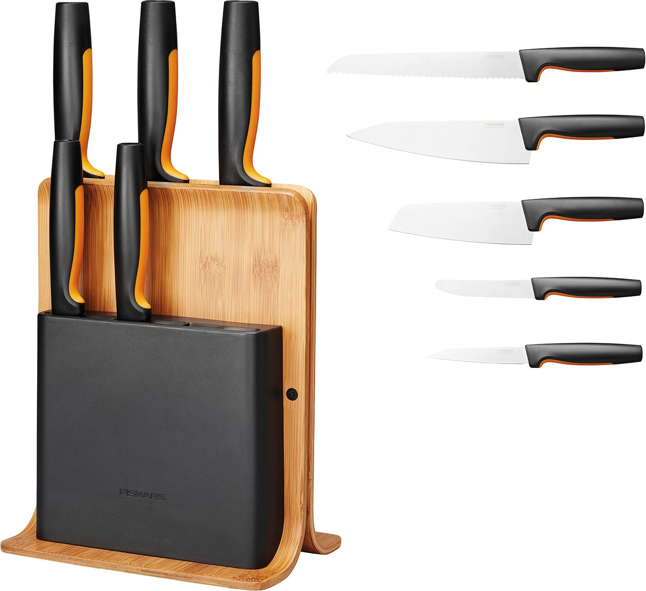 Hovedproduktbilde for Sort Fiskars Functional Form Knivblokk Bambus med 5 kniver
