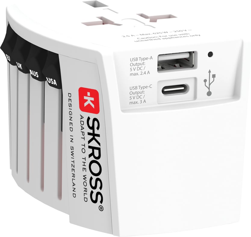 Hovedproduktbilde for Hvit Skross World MUV 2-polet med USB C og A Reiseadapter