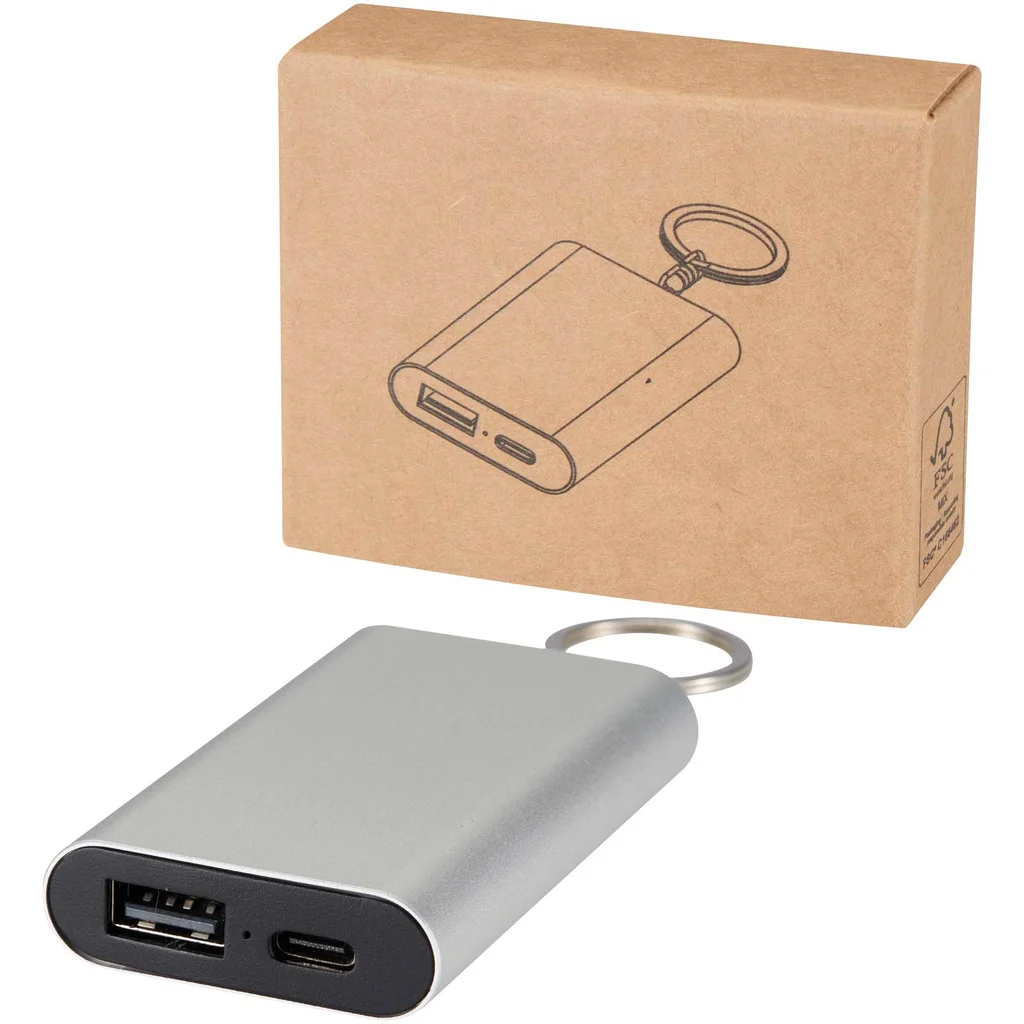 Hovedproduktbilde for Sølv Arcturus Resirkulert Aluminium 2000 mAh Powerbank med Nøkkelring