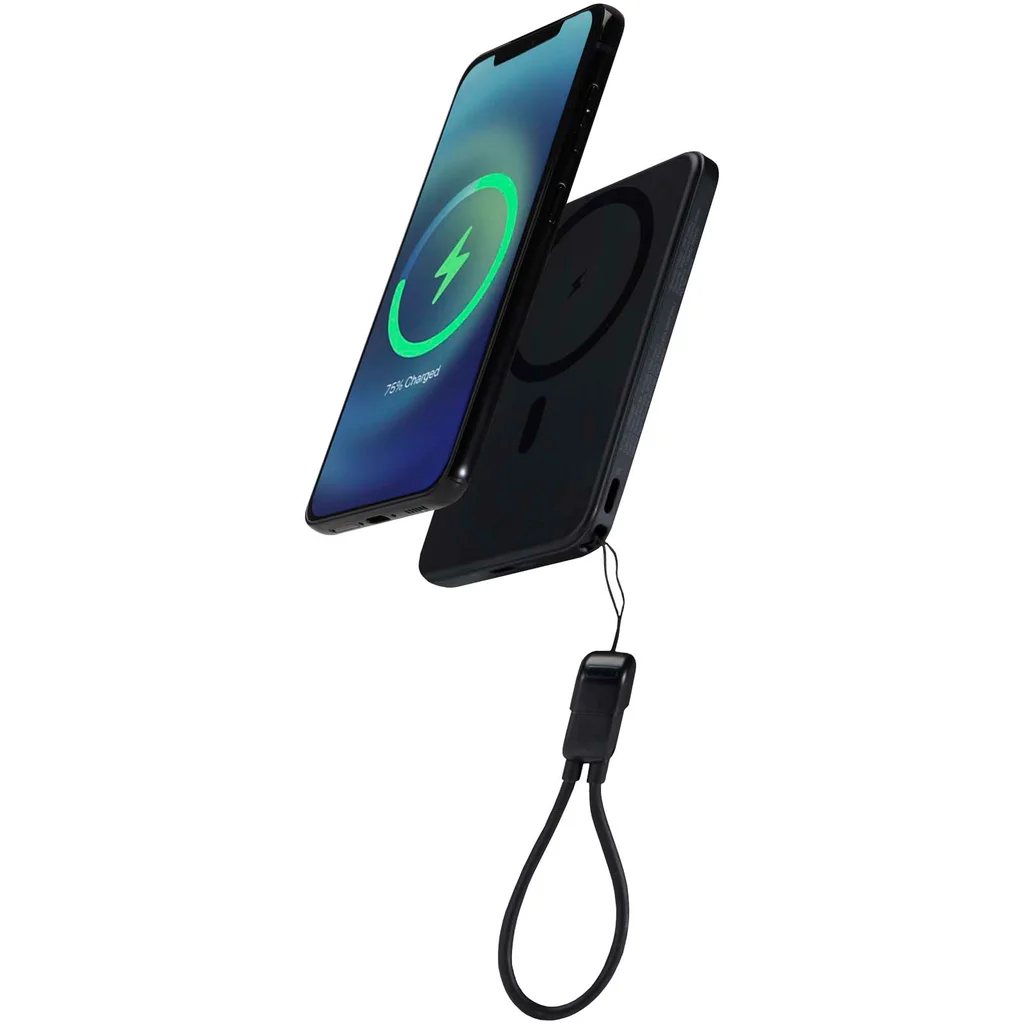 Hovedproduktbilde for Solid svart Smart 5000 mAh Magnetisk Resirkulert Plast Powerbank med Nøkkelbånd