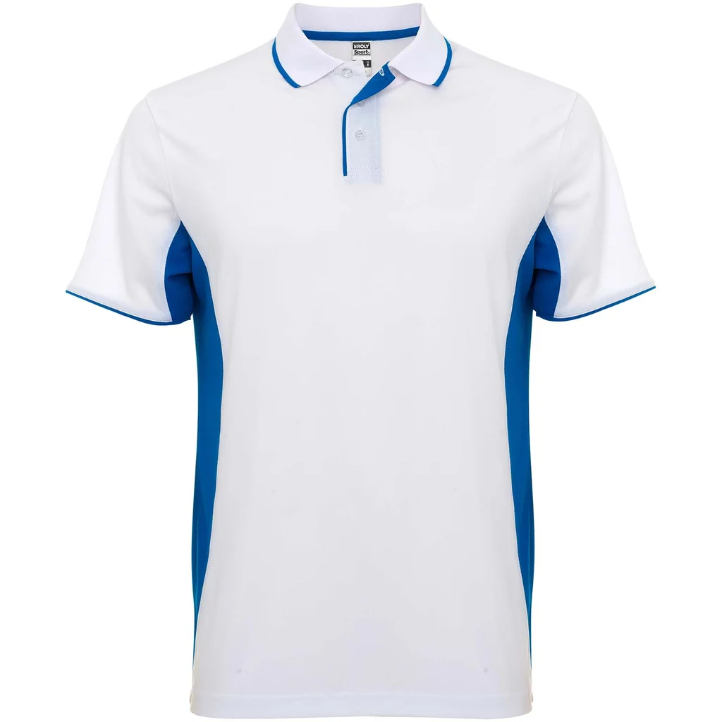 Hovedproduktbilde for Hvit/Kongeblå Roly Montmelo Unisex Teknisk  Poloskjorte