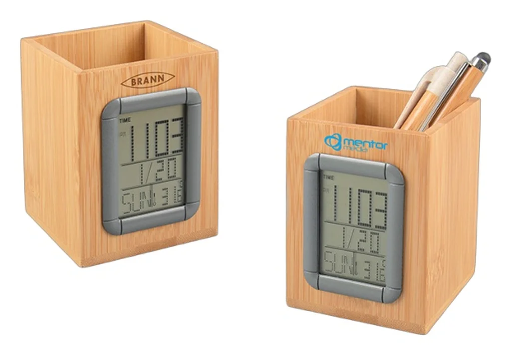 Hovedproduktbilde for 25-47-dra-3341 Sligo Bambus Penneholder med Digital Klokke