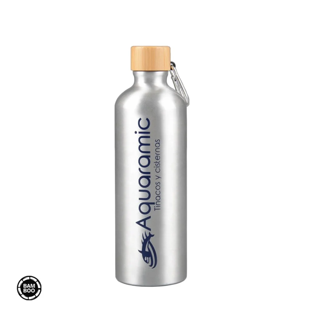 Hovedproduktbilde for 500 ml Lomås Aluminiumsflaske med Bambuskork og Karabinkrok Drikkeflaske