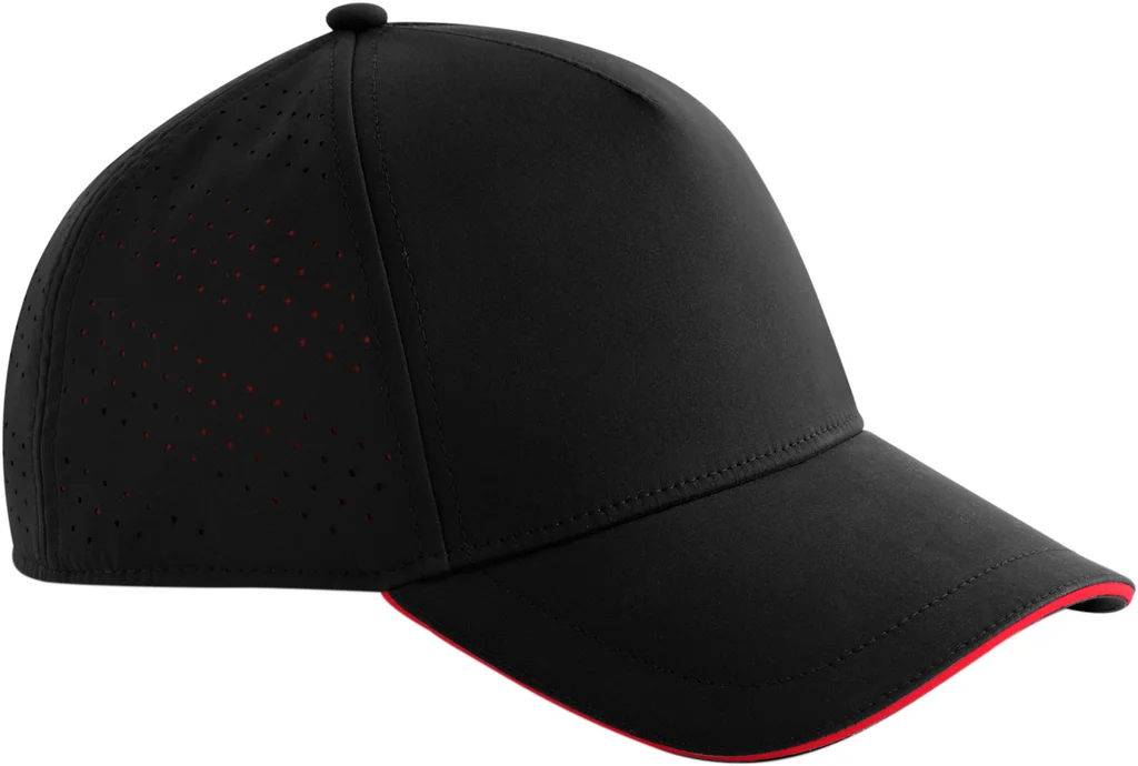 Hovedproduktbilde for Black/Red Beechfield Accelerate Resirkulert Polyester Caps
