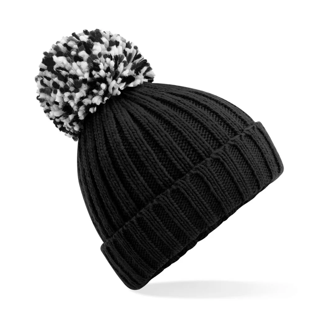 Hovedproduktbilde for Black Beechfield Hygge Ribbestrikket Lue med Pompom