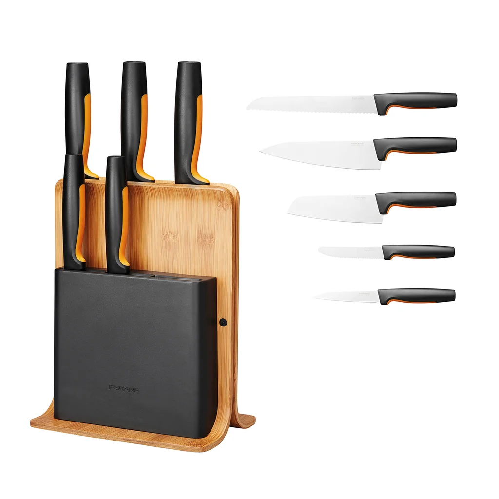 Hovedproduktbilde for Sort Fiskars Functional Form Bambus Knivblokk med 5 Kniver