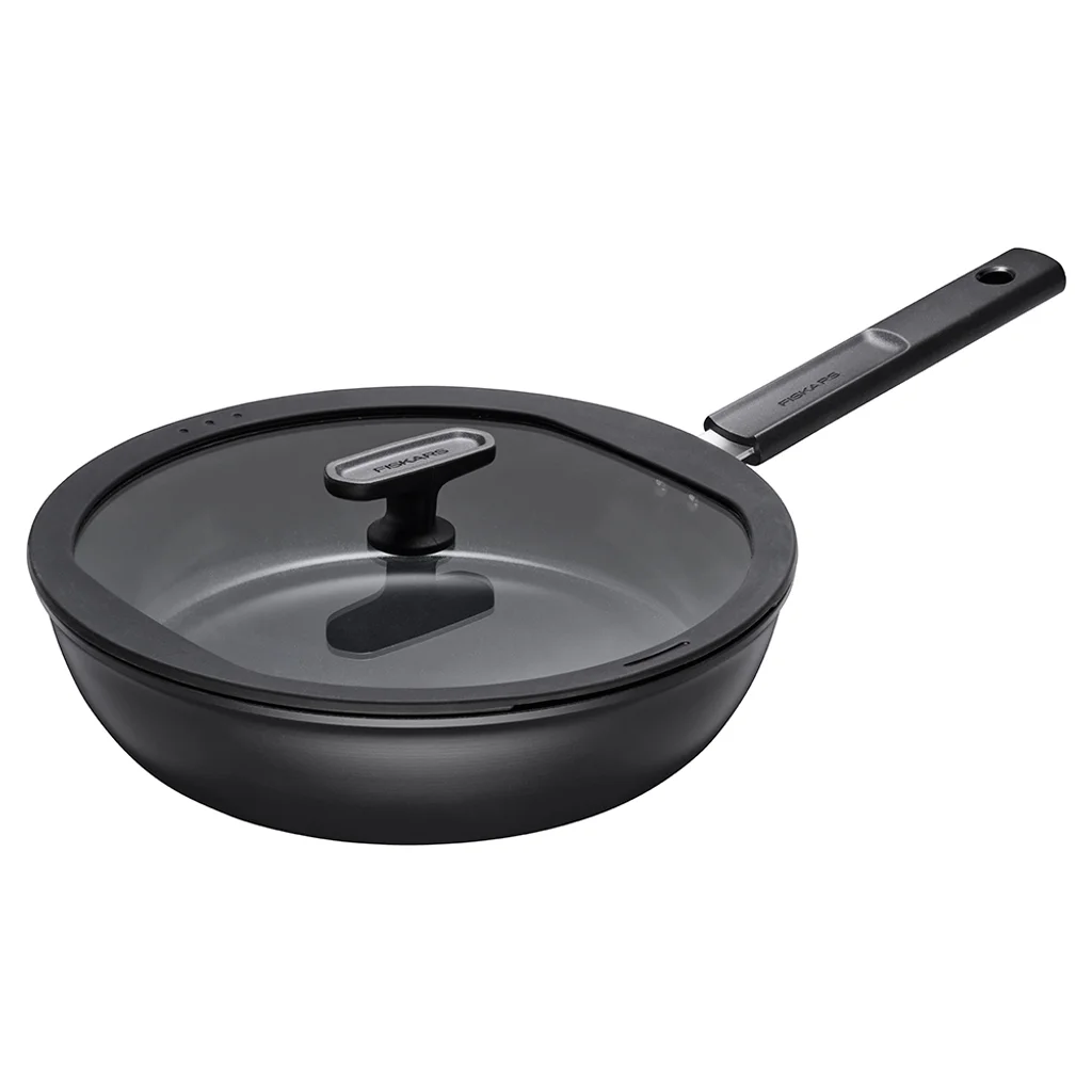 Hovedproduktbilde for Sort Fiskars Hard Face 28 cm Resirkulert Aluminium Non-stick Traktørpanne med Lokk