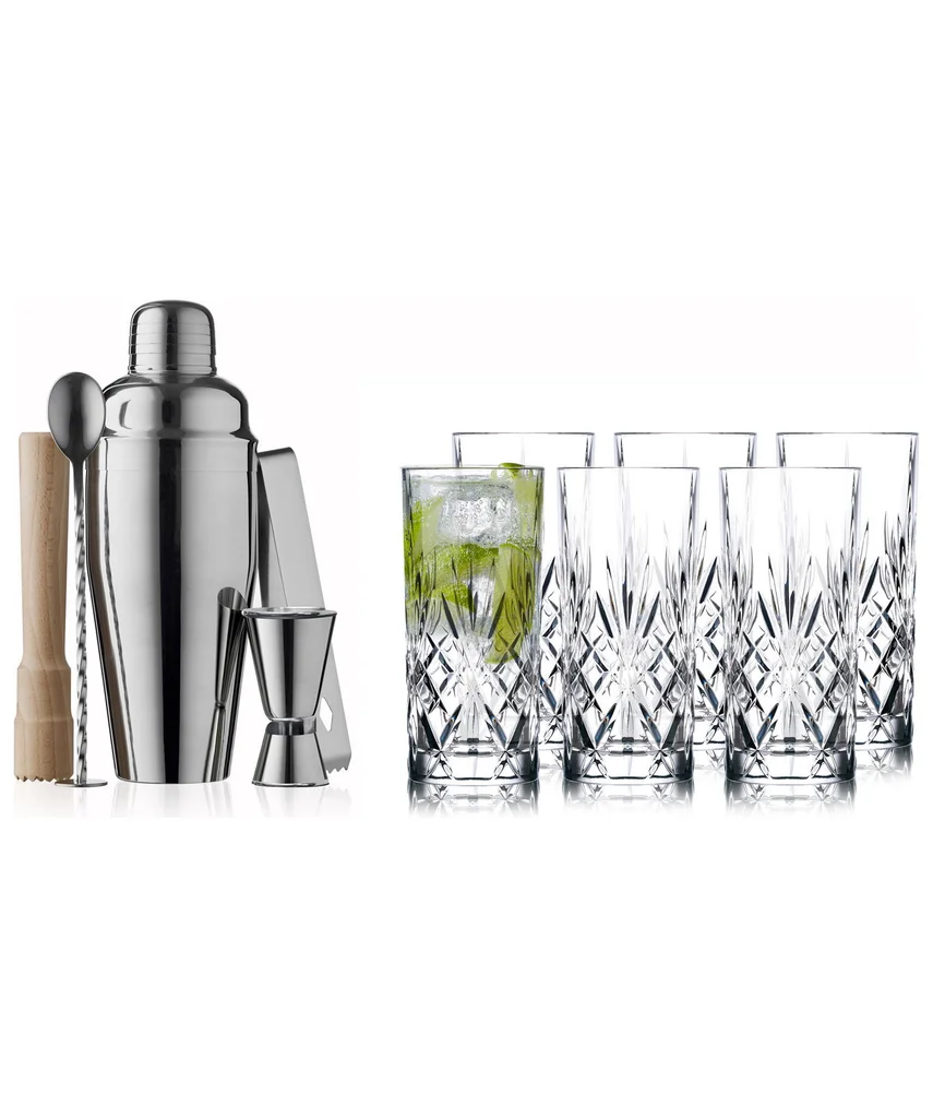Hovedproduktbilde for Clear Lyngby Glas Melodia 36 cl Rustfritt Stål og Bøk 6 stk Highballglass og Barsett