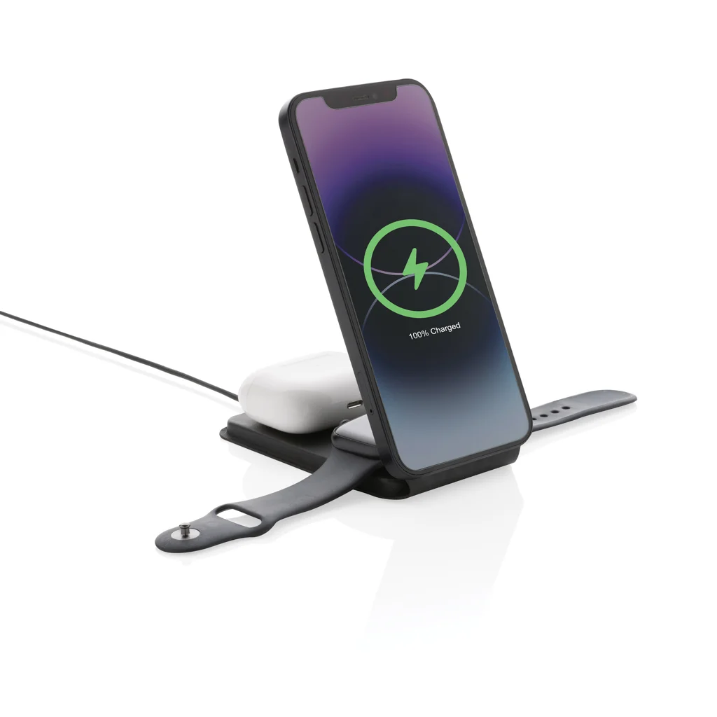 Hovedproduktbilde for Svart Swiss Peak RCS Resirkulert PU 3-i-1 Magnetisk 15W Trådløs Lader
