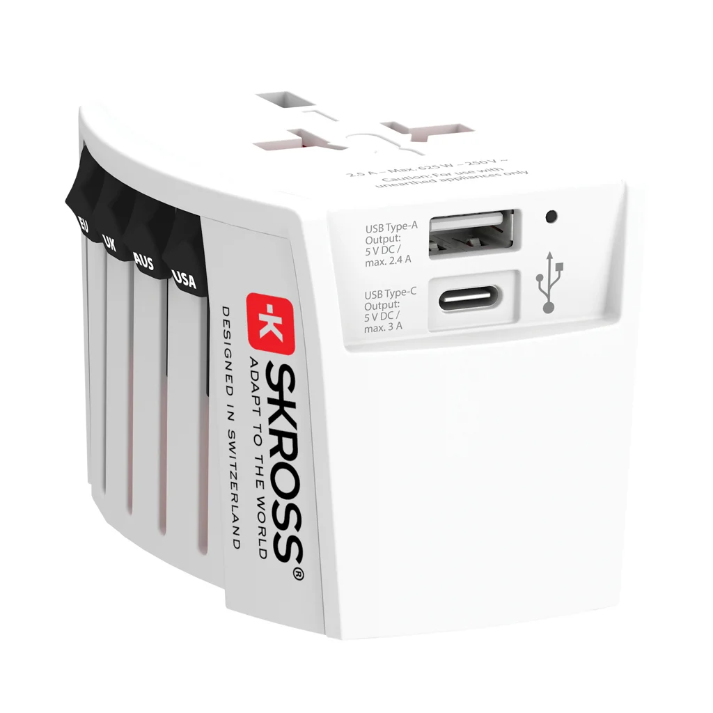 Hovedproduktbilde for Hvit Skross World MUV 2-polet med USB C og A Reiseadapter