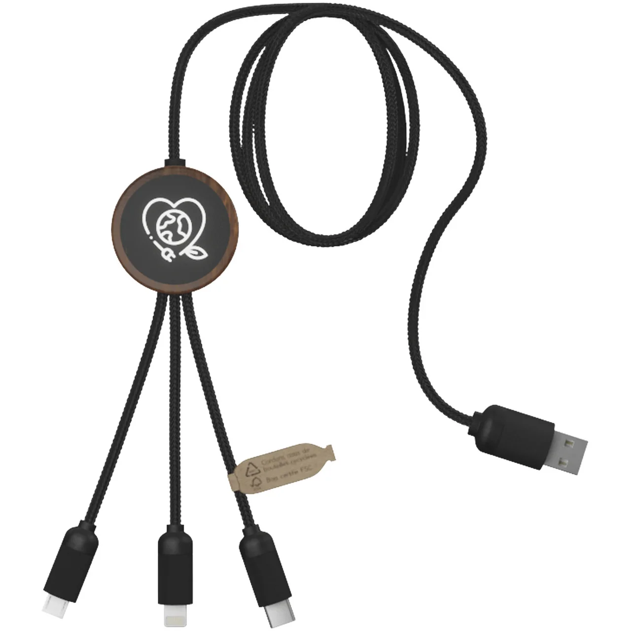Hovedproduktbilde for Tre SCX.design C36 3-i-1 RPET og Bambus Lysende Logo Ladekabel