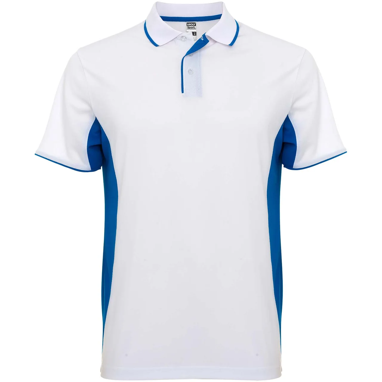Hovedproduktbilde for Hvit/Kongeblå Roly Montmelo Unisex Teknisk  Poloskjorte
