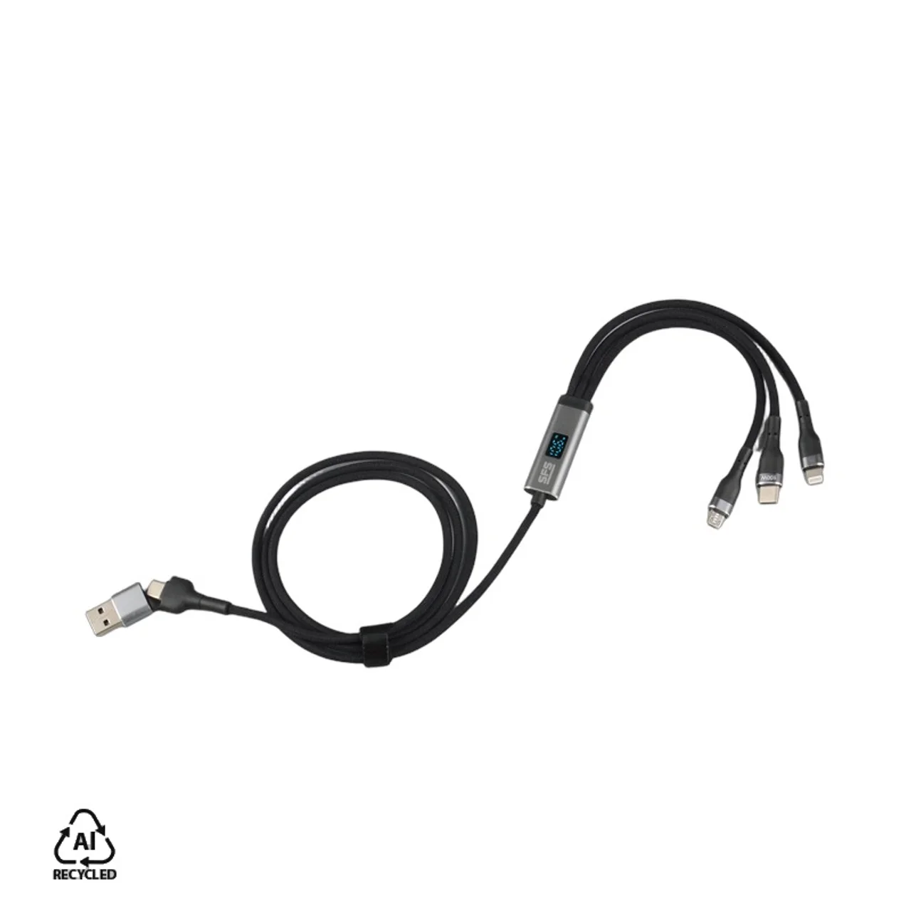Hovedproduktbilde for 25-47-dra-4257 Dakota Nylon og Resirkulert Aluminium 6-i-1 Ladekabel med Digital Skjerm