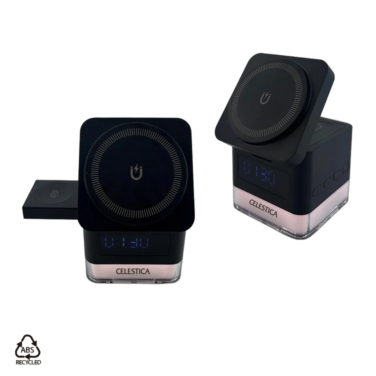Hovedproduktbilde for 25-47-drd-6341 Trieste Resirkulert ABS 3-i-1 15W Lader med RGB og Klokke