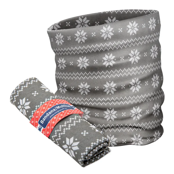 Multilue og bandana med vintermotiv, rullet sammen med papiromslag i stedet for plastpose