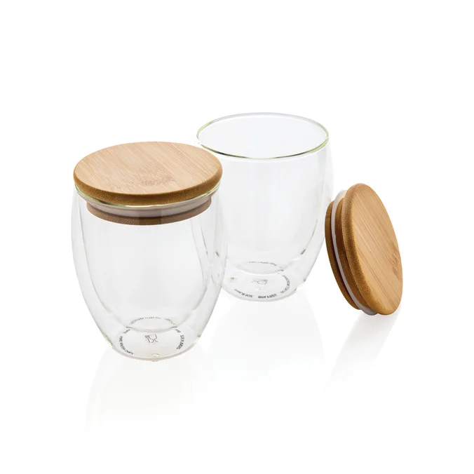 Produktbilde for XD Collection 250 ml Dobbelvegget Borosilikat med Bambuslokk 2-pack Glasskopper