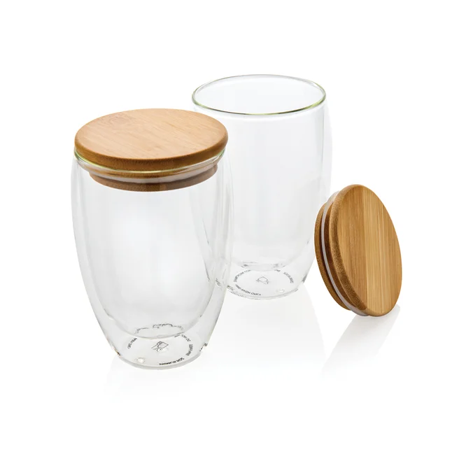 Produktbilde for XD Collection 350 ml Dobbelvegget Borosilikat med Bambuslokk 2-pack Glasskopper