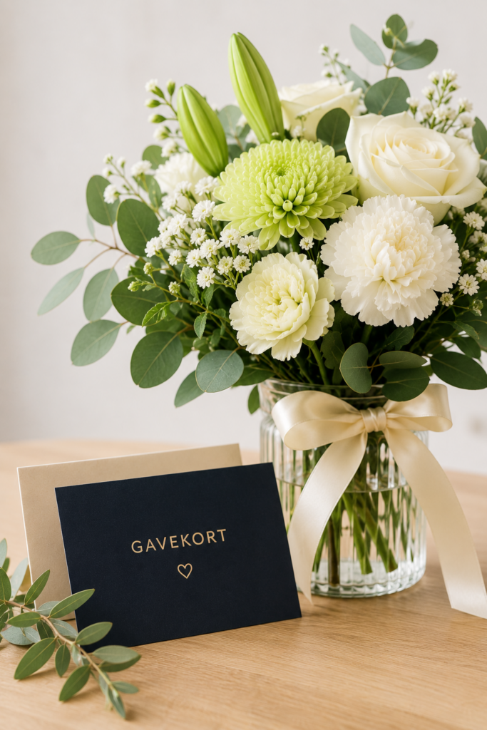 Hvit blomsterbukett ved siden av et marineblått gavekort på et bord