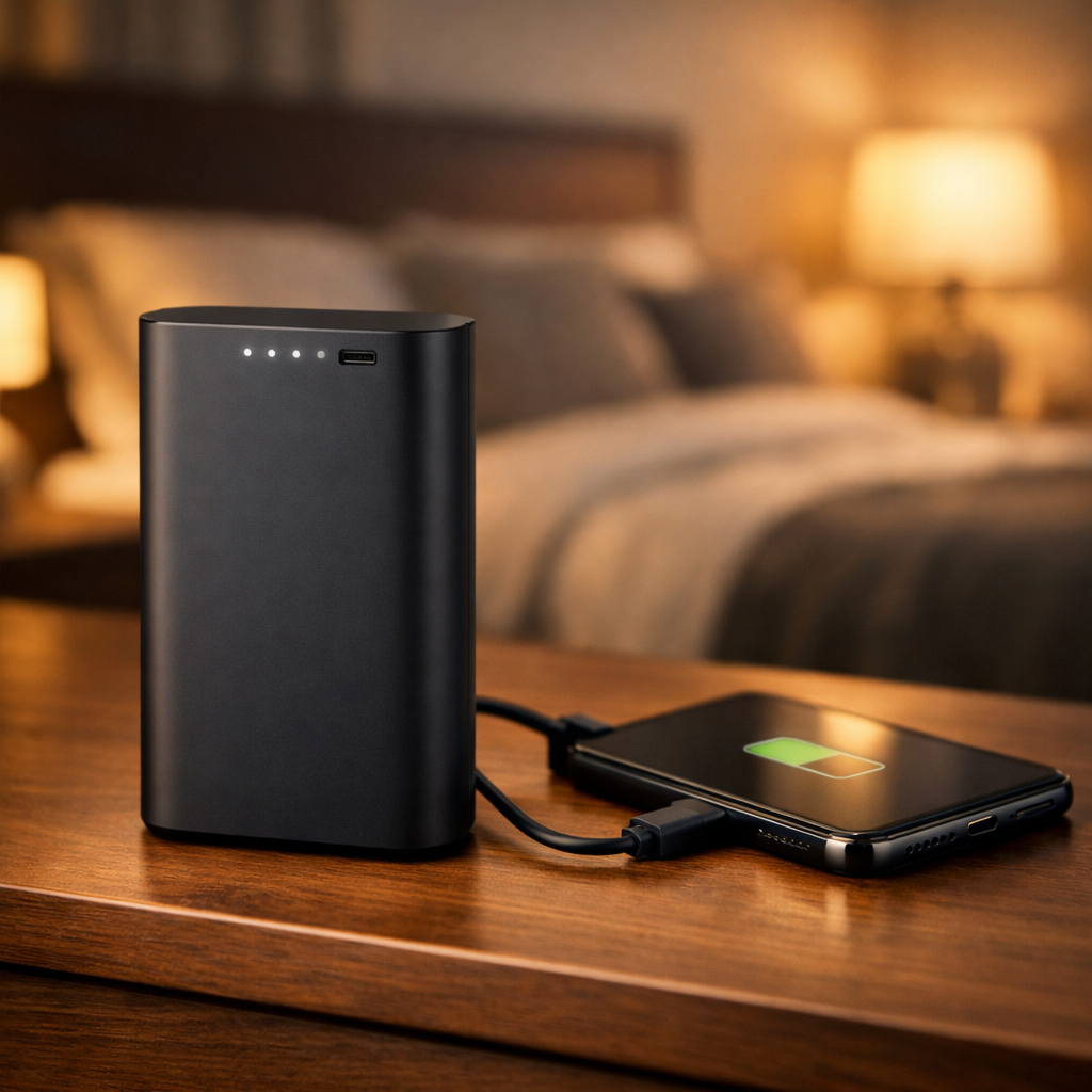 Premium powerbank lader en mobil på et nattbord, som eksklusiv firmagave
