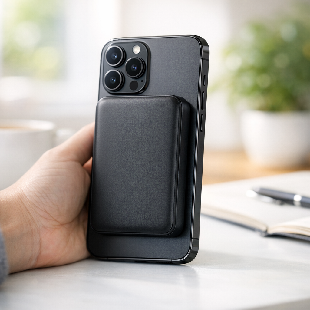 Magnetisk powerbank festet på baksiden av en mobil til hverdagsbruk