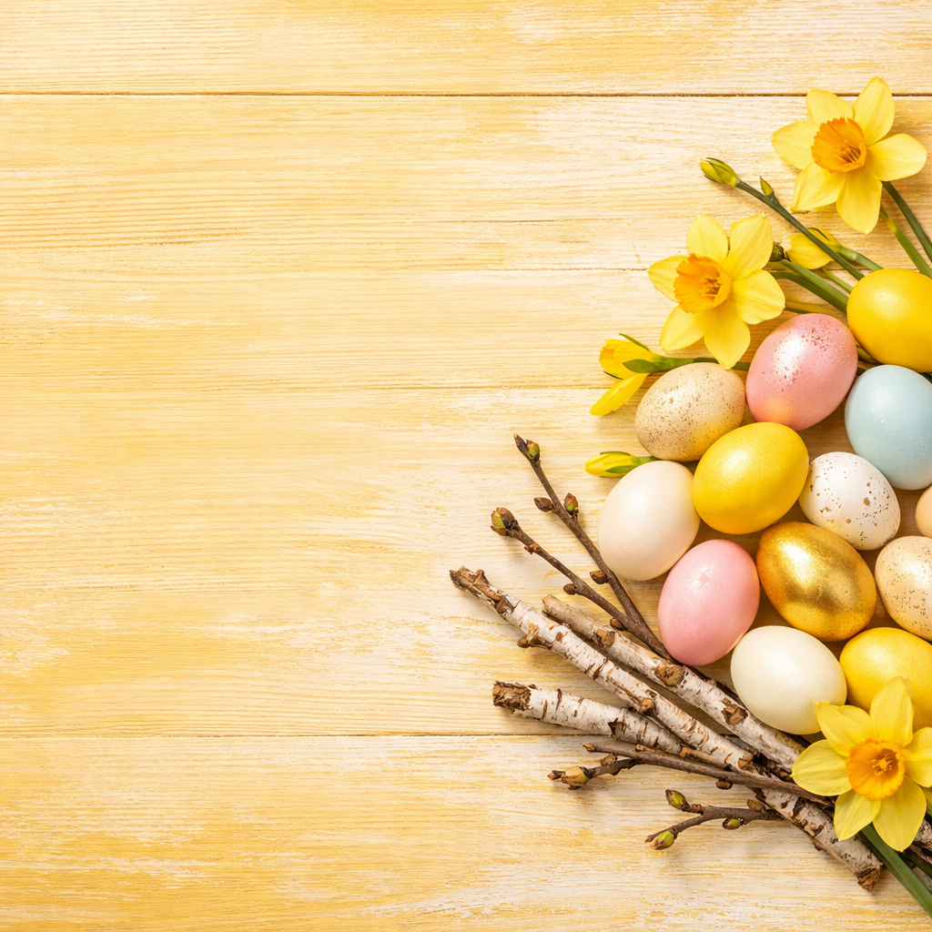 Påskeegg og gule vårblomster på varm gul rustikk treoverflate