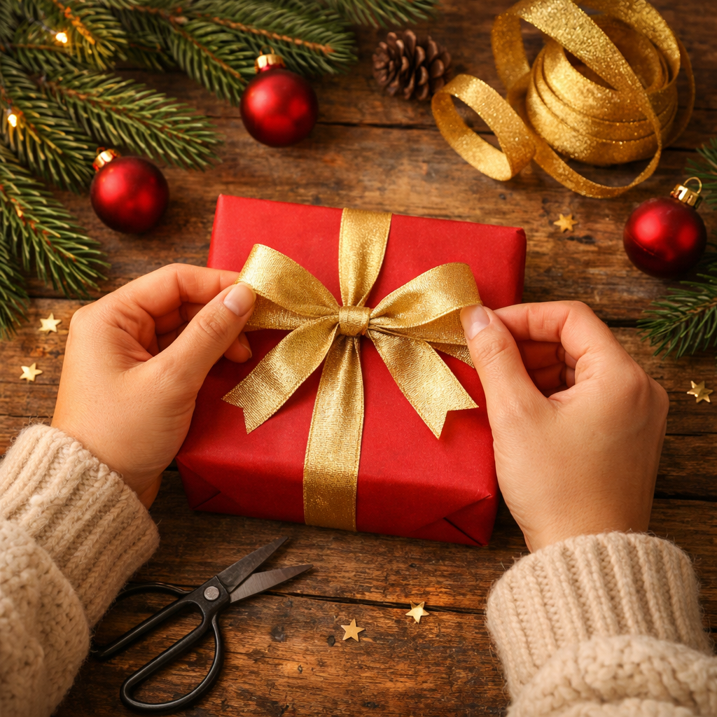 Innpakket julegave med gullsløyfe