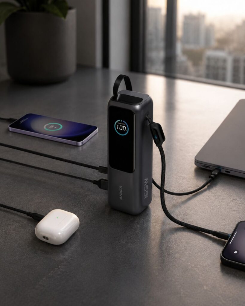 Kraftig svart powerbank lader telefon, AirPods og laptop på et mørkt skrivebord