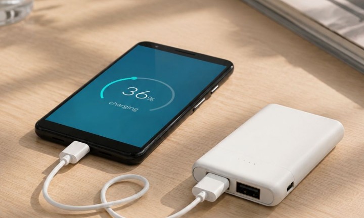 Kompakt hvit powerbank lader en mobil på et skrivebord