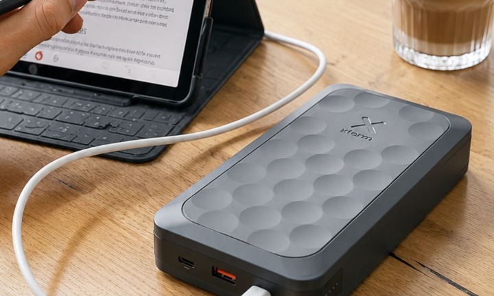 Kraftig grå powerbank lader et nettbrett på et skrivebord