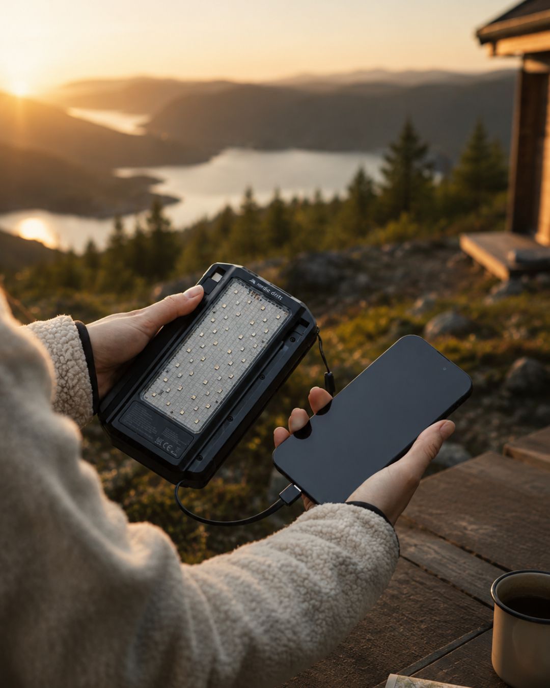Solcelle-powerbank med lampe lader mobil på fjellet i solnedgang