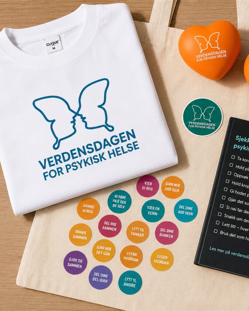 Profilprodukter for Verdensdagen for psykisk helse – t-skjorte, tote, drikkeflaske og klistremerker fra Norgesprofil