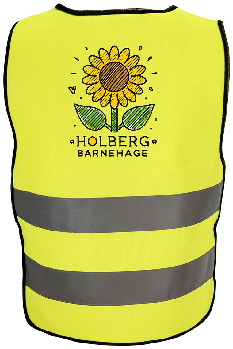 Gul barnerefleksvest med barnehagelogo på ryggen