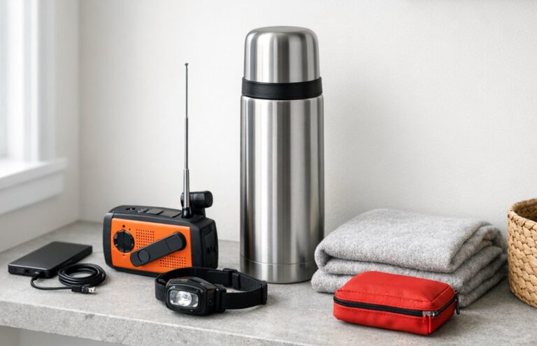 Powerbank, nødradio med sveiv, hodelykt, høy termos i stål, ullpledd og førstehjelpsveske på en lys steinhylle i dagslys