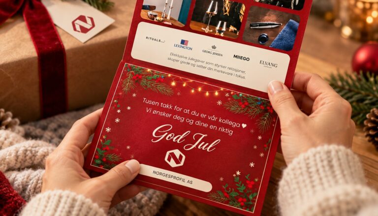 Hender som holder et julegavekort fra NorgesProfil med «God Jul»-hilsen, med en innpakket gave og julelys i bakgrunnen